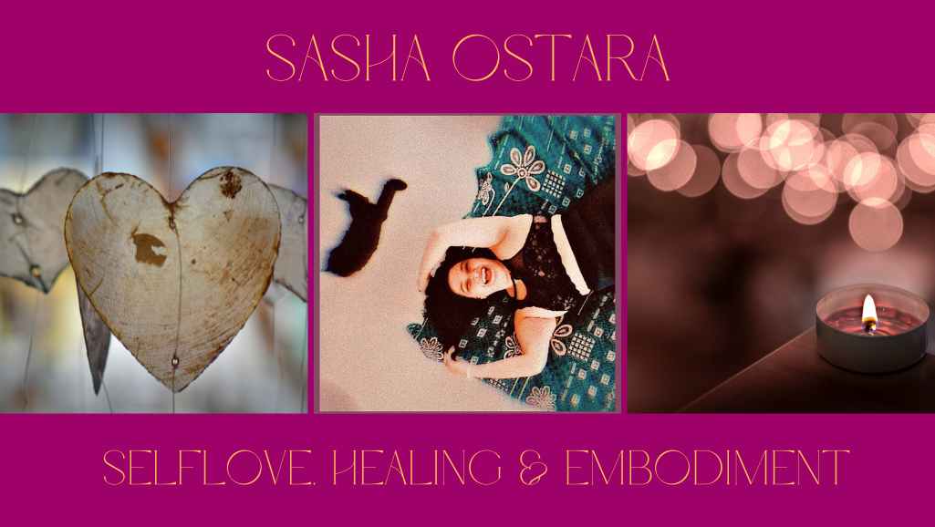 Three images, a leaf in the shape of a heart, Sasha smiling next to her cat, and a candle